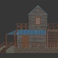 Two Story Wooden Pavilion With Blue Roof Red Railings And Staircase