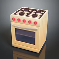 Yellow Electric Oven with Stove Top Red Knobs Silver Handle and Transparent Door