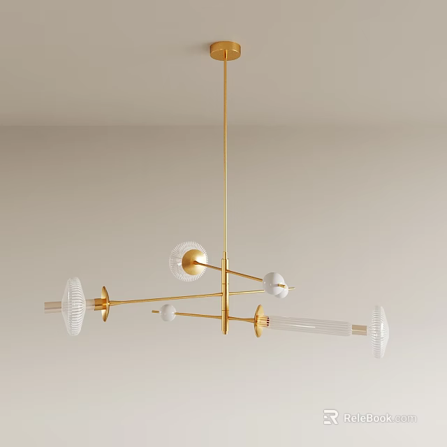Modern Golden Chandelier With Transparent Glass Elements And Geometric Crossbar Design 3d model 