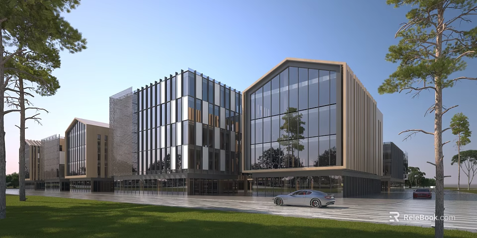 Modern Office Building Exterior With Glass Curtain Walls Wooden Panels And Front Plaza Lawn 3d model 