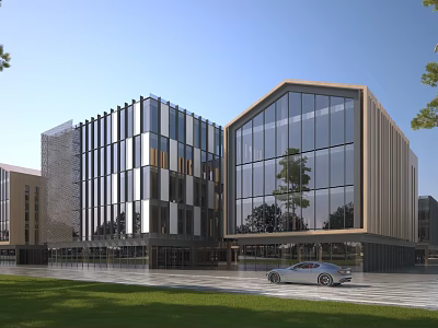 Modern Office Building Exterior With Glass Curtain Walls Wooden Panels And Front Plaza Lawn 3d model