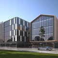 Modern Office Building Exterior With Glass Curtain Walls Wooden Panels And Front Plaza Lawn