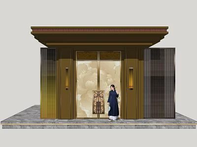 Traditional Chinese Entrance Gate With Peony Pattern Vertical Grilles Eave Design And Stone Steps 3d model