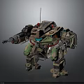 Sci Fi Mech Warrior Character With Green Brown Camouflage Mechanical Weapon Arm And Antenna