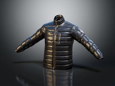 Sleek Black Shiny Quilted Puffer Jacket With Stand Collar Front Pockets And Long Sleeves 3d model