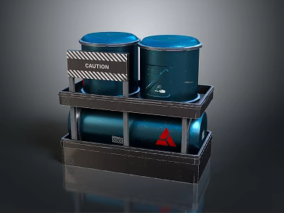 Industrial Equipment With Blue Drums Caution Label Black Rack And Red Triangular Sign 3d model