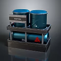 Industrial Equipment With Blue Drums Caution Label Black Rack And Red Triangular Sign