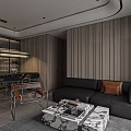 Modern Minimalist Dark Tone Open Living And Dining Room Interior With Premium Marble Furnishings