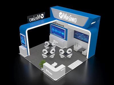 Blue Exhibition Booth For Omniam And MASIMO With Digital Screens Meeting Tables And Chairs 3d model