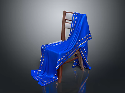 Wooden Chair Covered With Blue Cloth Adorned With White Star Patterns 3d model