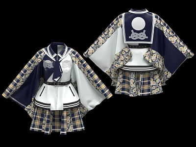 Blue And White Plaid Outfit With Moon Pattern Wide Sleeves Belt And Decorative Elements 3d model