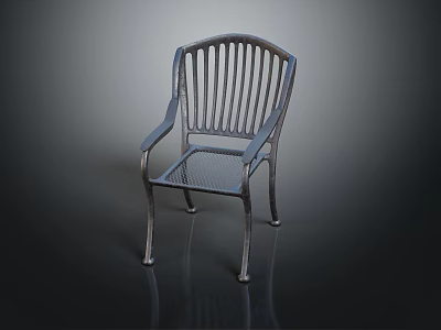 Modern Metal Single Chair With Armrest And Slatted Backrest On Reflective Floor 3d model