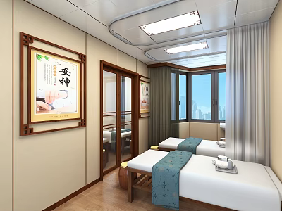 Traditional Chinese Therapy Room With Massage Beds And Calming Wall Paintings 3d model