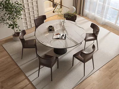 Elegant Round Marble Dining Table Set With Black Chairs And Potted Plant On Rug 3d model