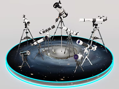 Different Types of Telescopes Arranged On Starry Galaxy Themed Circular Base 3d model