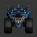 Blue Black Monster Truck With Flame Patterns Large Tires Green Lights And Biological Design