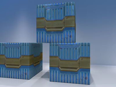 Industrial Equipment Featuring Blue And Brown Cube Shaped Structures With Striped Design 3d model