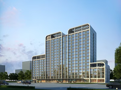 Modern High Rise Office Building With Glass Curtain Walls Surrounded By Trees And Parking Area 3d model