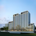 Modern High Rise Office Building With Glass Curtain Walls Surrounded By Trees And Parking Area