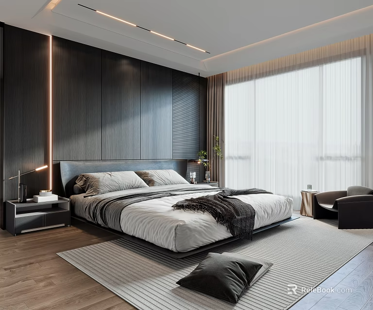 Modern Minimalist Bedroom With Dark Wooden Walls King Size Bed And Floor To Ceiling Windows 3d model 