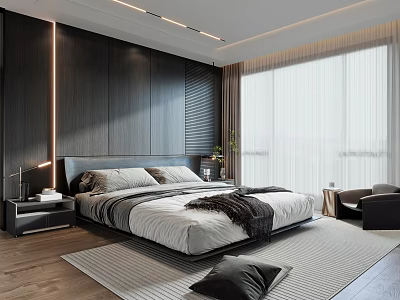 Modern Minimalist Bedroom With Dark Wooden Walls King Size Bed And Floor To Ceiling Windows 3d model