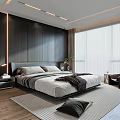 Modern Minimalist Bedroom With Dark Wooden Walls King Size Bed And Floor To Ceiling Windows