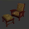 Classic Wooden Armchair And Ottoman With Solid Wood Frame And Ornate Patterned Upholstery