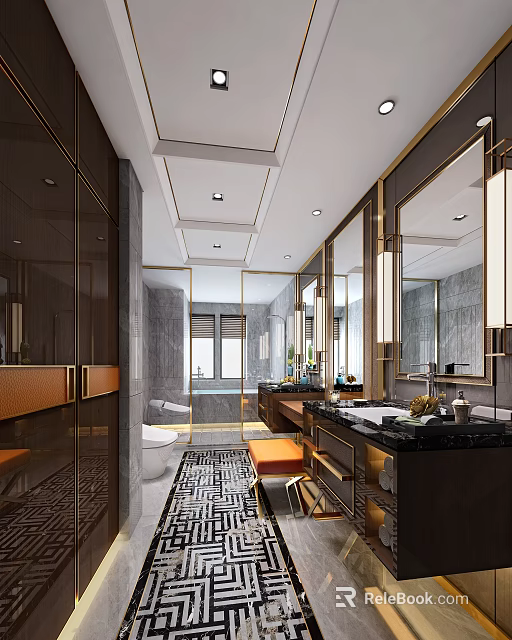 Hotel Bathroom Luxurious Interior With Marble Countertop Large Mirrors Modern Lighting And Geometric Floor 3d model 