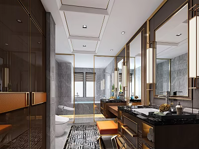Hotel Bathroom Luxurious Interior With Marble Countertop Large Mirrors Modern Lighting And Geometric Floor 3d model
