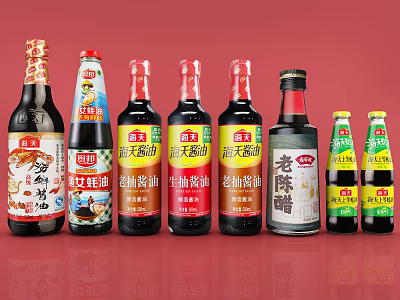 Various Chinese Condiment Bottles Displaying Different Seasoning Types on Red Background 3d model