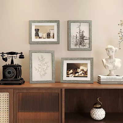 Vintage Photo Frames Display with Old Telephone Bust Sculpture and Books on Wooden Cabinet 3d model
