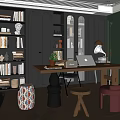 Elegant Study Room Interior With Black Bookshelves Wooden Desk Laptop Lamp And Sculpture
