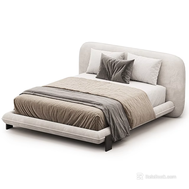 Modern Bed With Upholstered Headboard Soft Pillows And Neutral Tones Blanket Design 3d model 