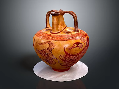 Ancient Terracotta Amphora With Double Snake Handles Red Decorative Patterns On White Circular Base 3d model