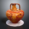 Ancient Terracotta Amphora With Double Snake Handles Red Decorative Patterns On White Circular Base 3d model