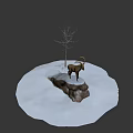 Game Movie Character Ibex with Large Curved Horns Standing on Snowy Rocky Cliff