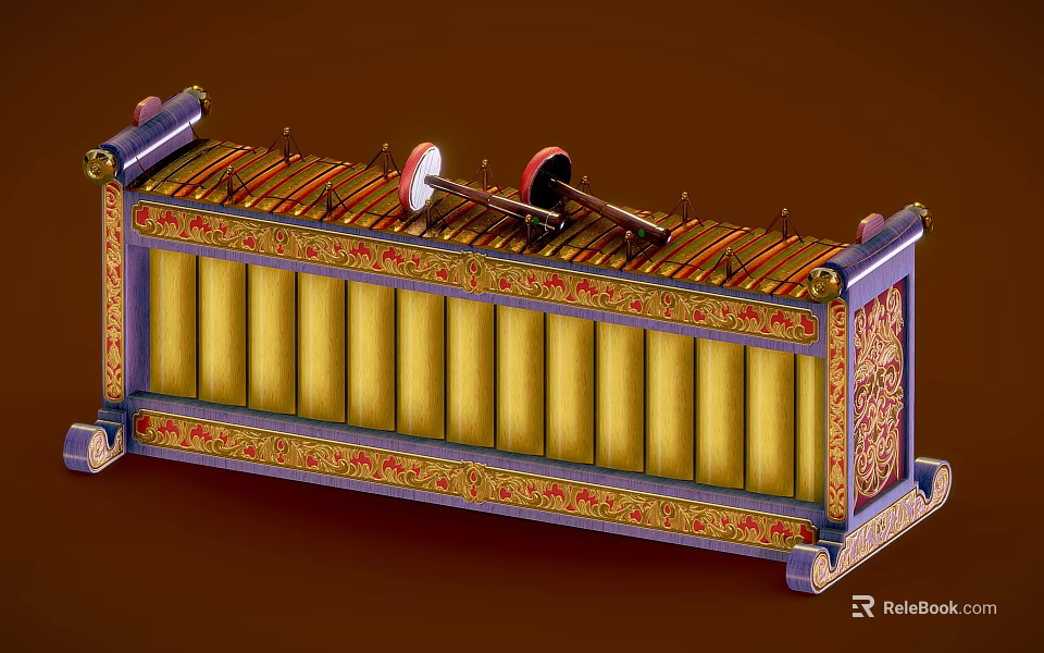 Traditional Chinese Musical Instrument With Elaborate Carved Patterns And Gold Purple Decorative Borders 3d model 