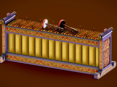 Traditional Chinese Musical Instrument With Elaborate Carved Patterns And Gold Purple Decorative Borders 3d model
