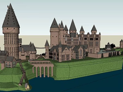 Sacred Castle Featuring Gothic Towers Bridge And Green Landscape For Religious Faith 3d model