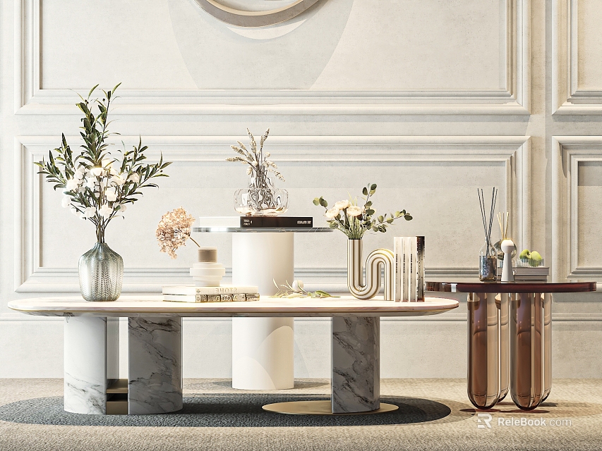 Elegant Modern Marble Coffee Table With Vases And Decor On White Wall Background 3d model 