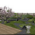Traditional Japanese Garden Courtyard With Wooden Gazebo Cherry Blossom Trees Stone Pathway And Bamboo Fence