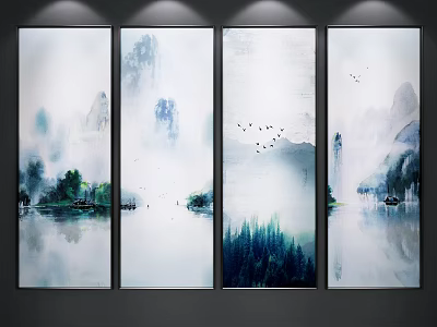 Four Panel Chinese Landscape Paintings With Misty Mountains Flying Birds And Boat Reflections 3d model