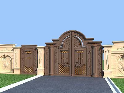 Elegant Ornate Entrance Gate With Intricate Carved Details Columns Side Walls And Golden Accents 3d model