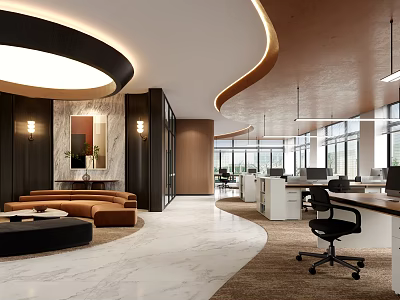 Modern Public Office Space With Curved Ceiling Marble Flooring Lounge Area Work Desks And Computers 3d model