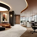 Modern Public Office Space With Curved Ceiling Marble Flooring Lounge Area Work Desks And Computers