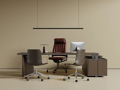 Modern Office Desk With Computer Monitor Executive Chair And Hanging Pendant Light 3d model