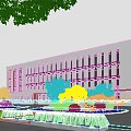 Modern School Building Exterior With White And Orange Facade Large Windows Green Lawn Shrubs And Bench