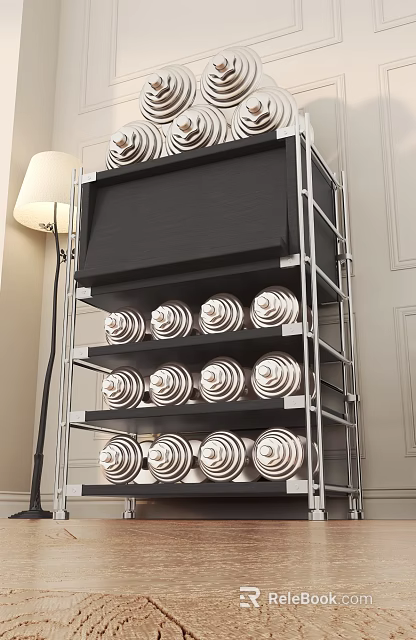 Modern Metal Shelving Unit With Silver Frame Black Panel And White Rolled Towels On Multiple Layers 3d model 