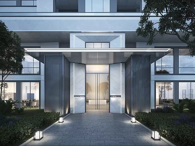 Modern Building Entrance Design With Stone Columns Pathway And Greenery Lighting 3d model