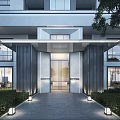 Modern Building Entrance Design With Stone Columns Pathway And Greenery Lighting